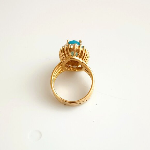 Gold Solitaire Oval Light Blue Ring 8.75 Clear Stone Baguettes Statement Jewelry - Picture 3 of 9